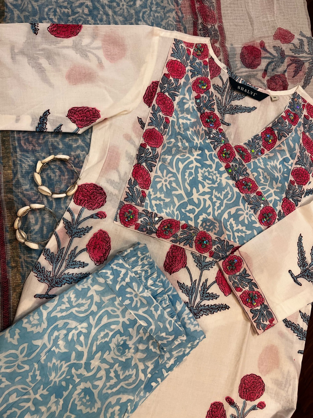 Shop block print cotton suit sets with kota doria dupatta (CSS72KD)