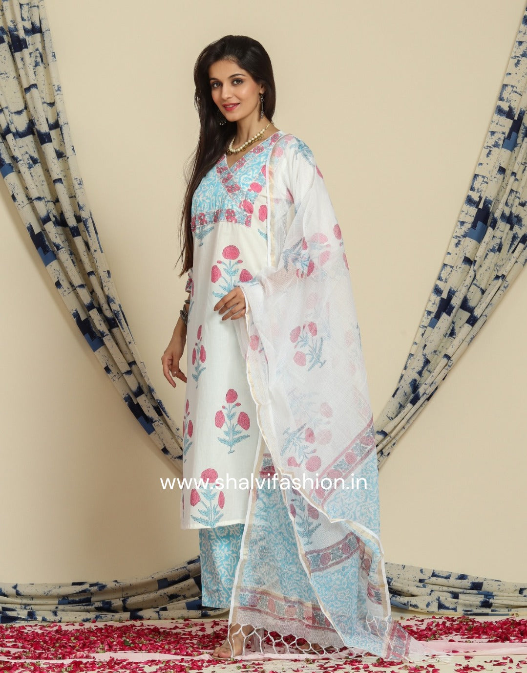 Shop block print cotton suit sets with kota doria dupatta (CSS72KD)