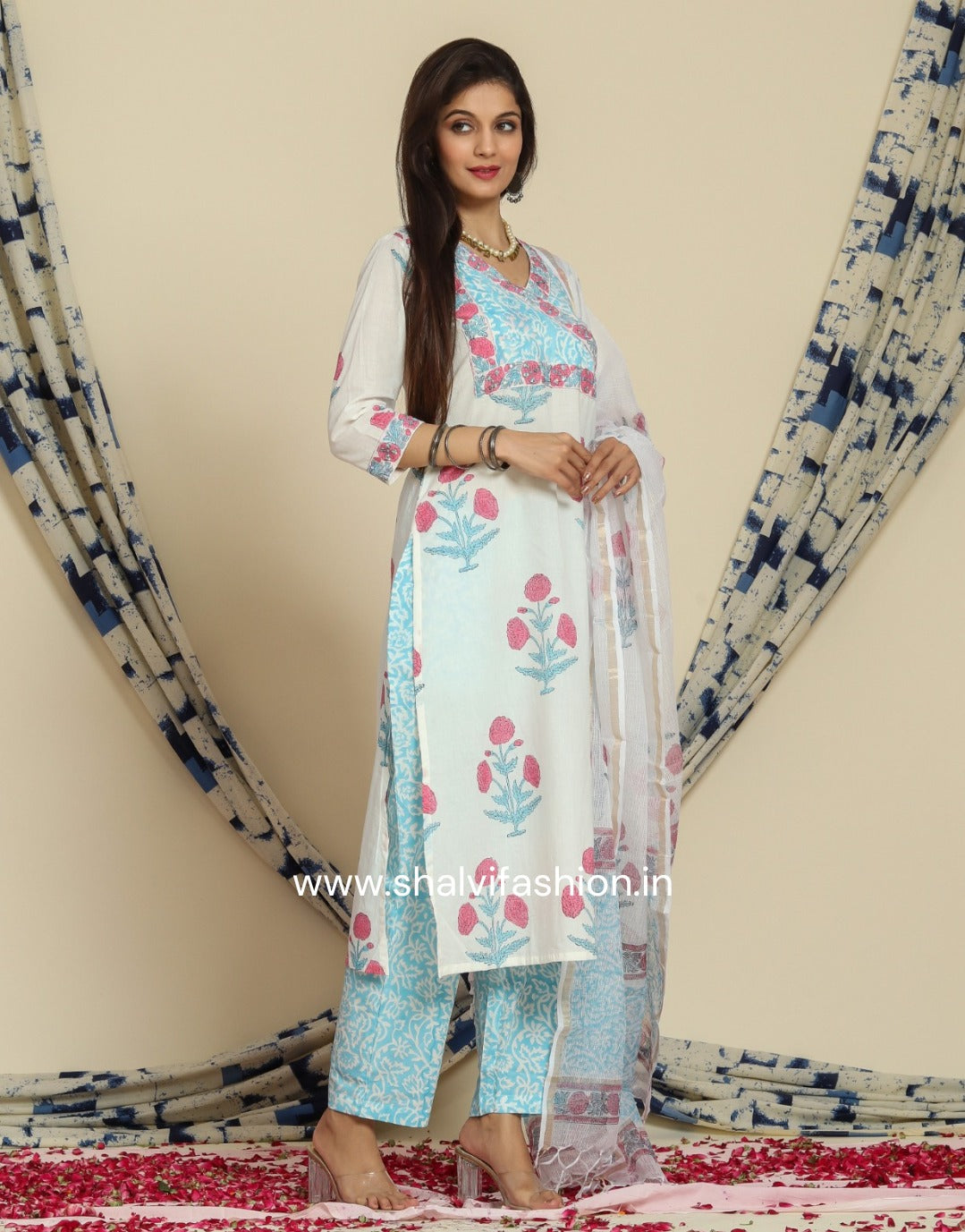 Shop block print cotton suit sets with kota doria dupatta (CSS72KD)