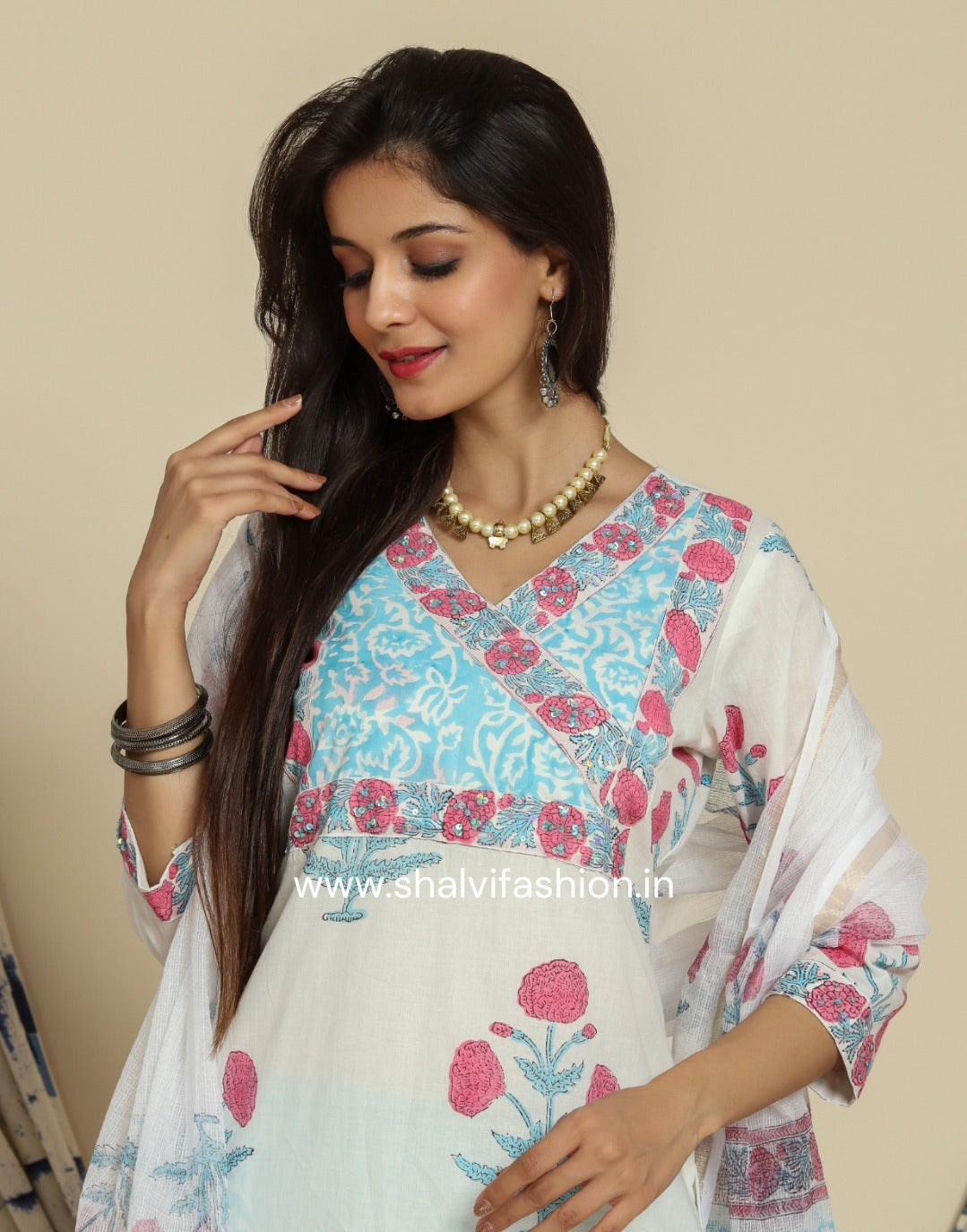 Shop block print cotton suit sets with kota doria dupatta (CSS72KD)
