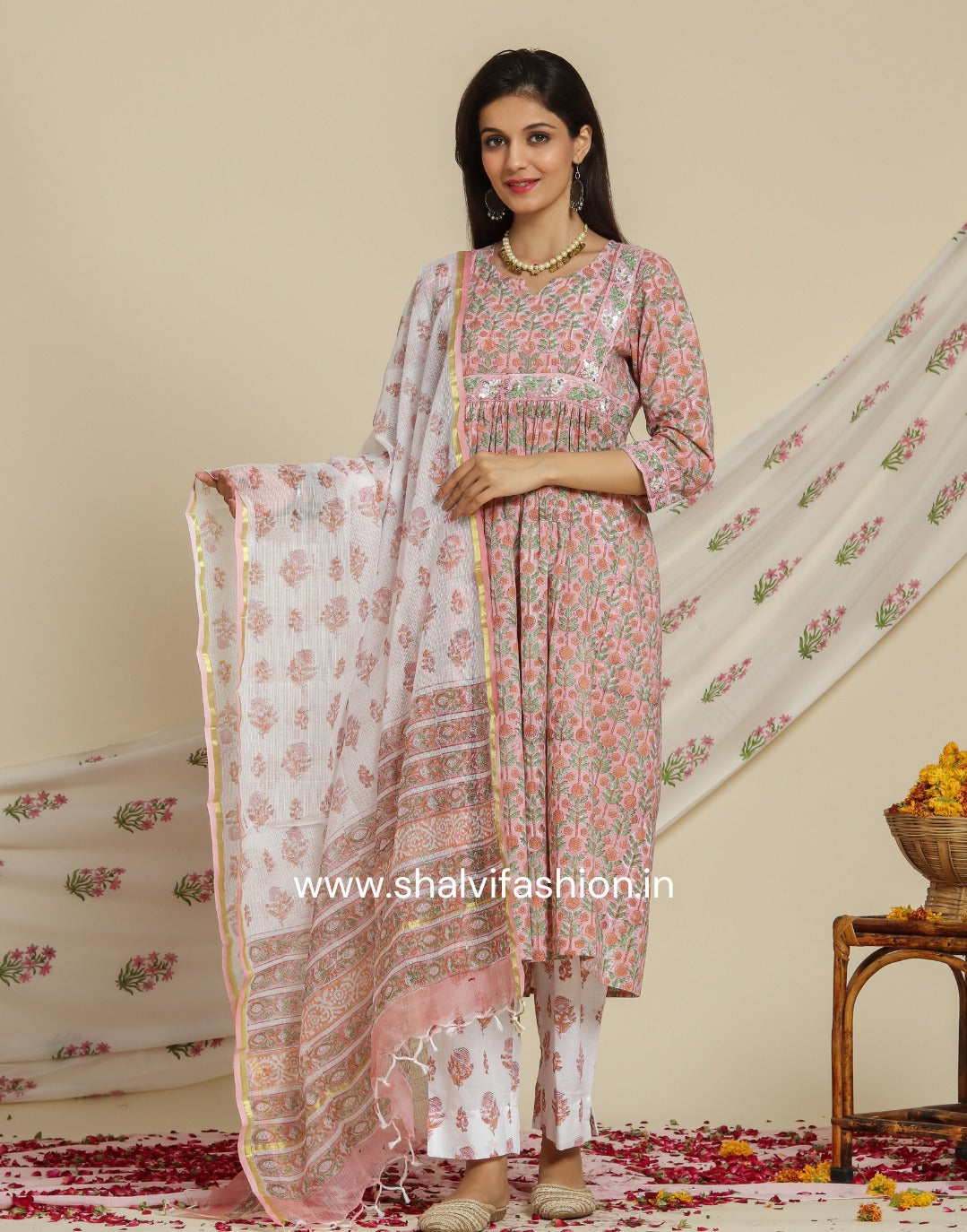 Shop hand block printed cotton suits with kota dupatta (CSS76KD)