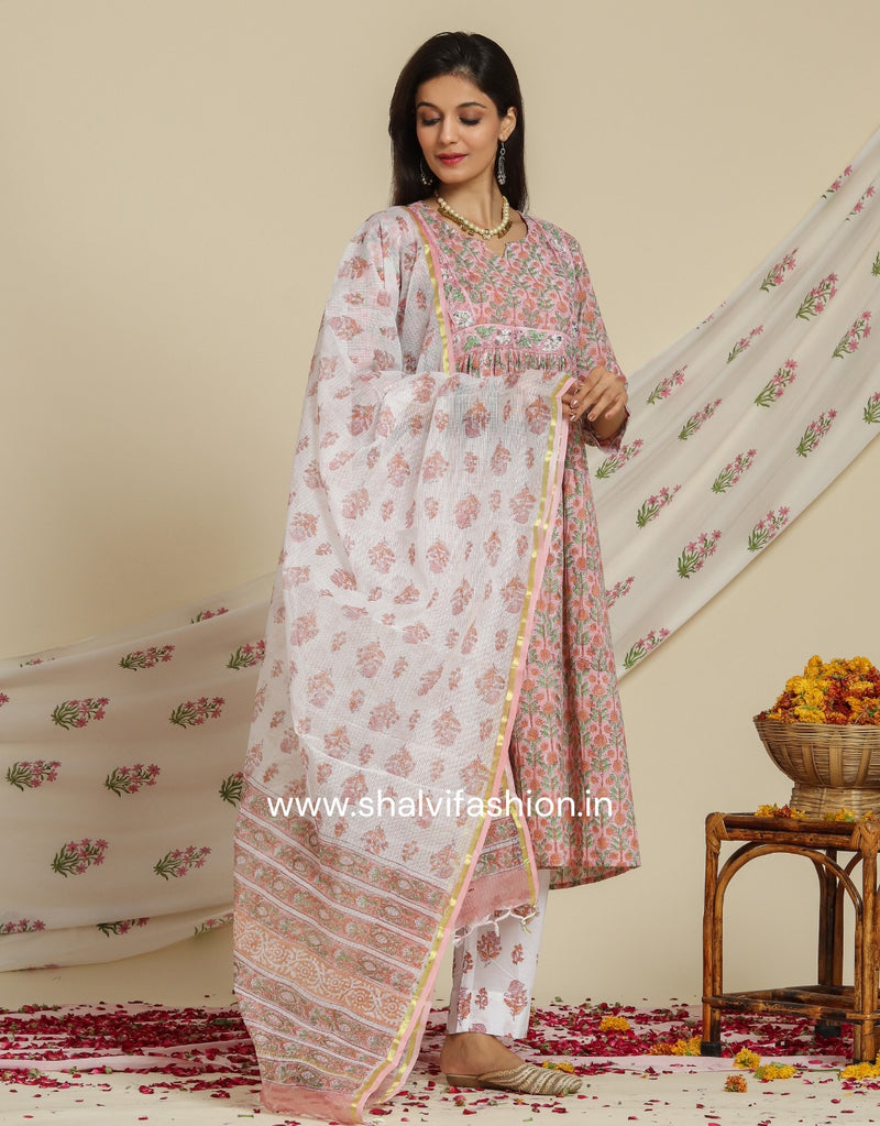 Shop hand block printed cotton suits with kota dupatta (CSS76KD)