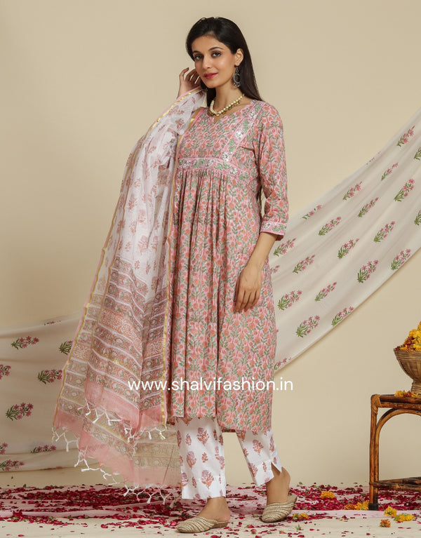 Shop hand block printed cotton suits with kota dupatta (CSS76KD)