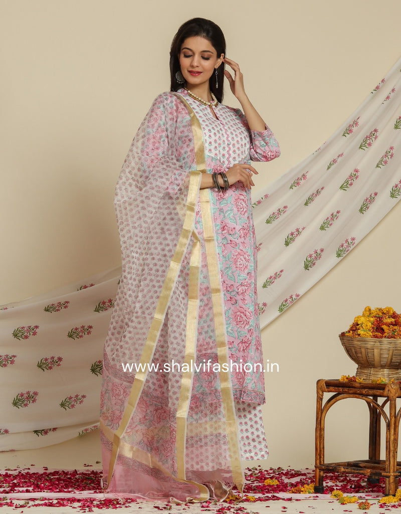 Shop hand block print cotton suit sets with organza dupatta (CSS77ORG)