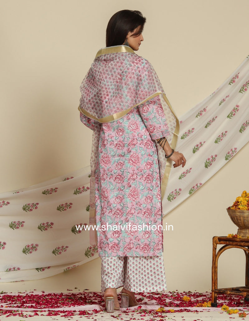 Shop hand block print cotton suit sets with organza dupatta (CSS77ORG)
