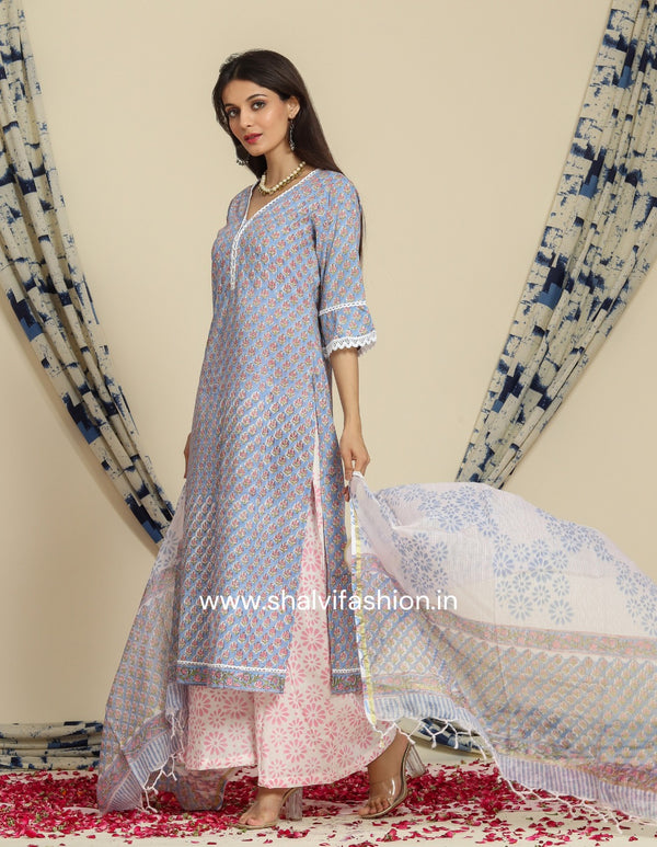 Shop jaipuri print cotton suit sets with kota dupatta (CSS80KD)