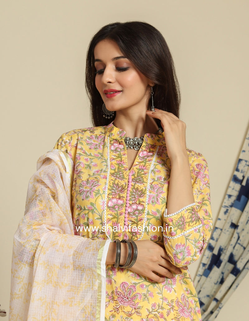 Shop block printed cotton suit sets with kota dupatta online (CSS81KD)