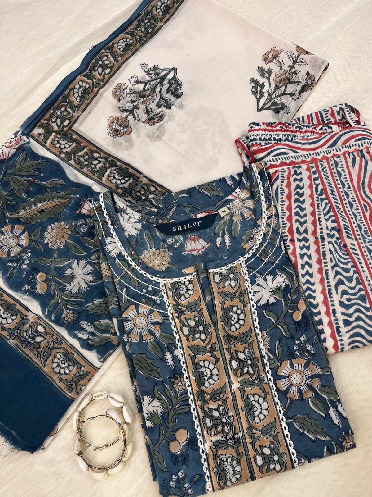 Shop hand block print cotton sets with mulmul dupatta (CSS83MUL)
