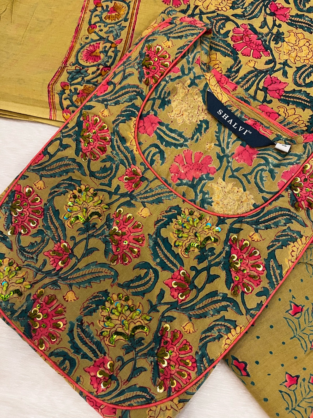 Shop green hand block print cotton suit sets with mulmul dupatta (CSS86MUL)