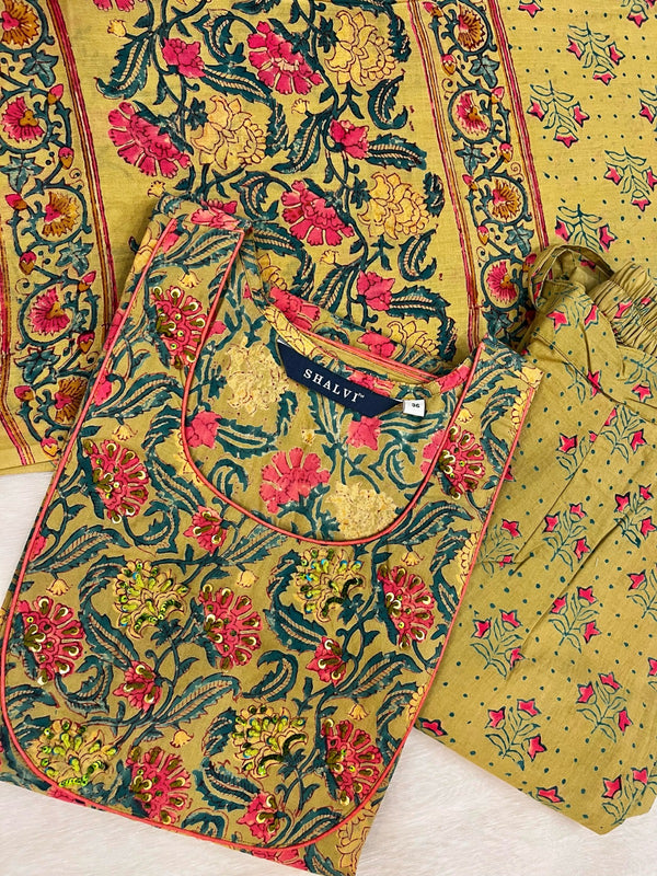 Shop green hand block print cotton suit sets with mulmul dupatta (CSS86MUL)