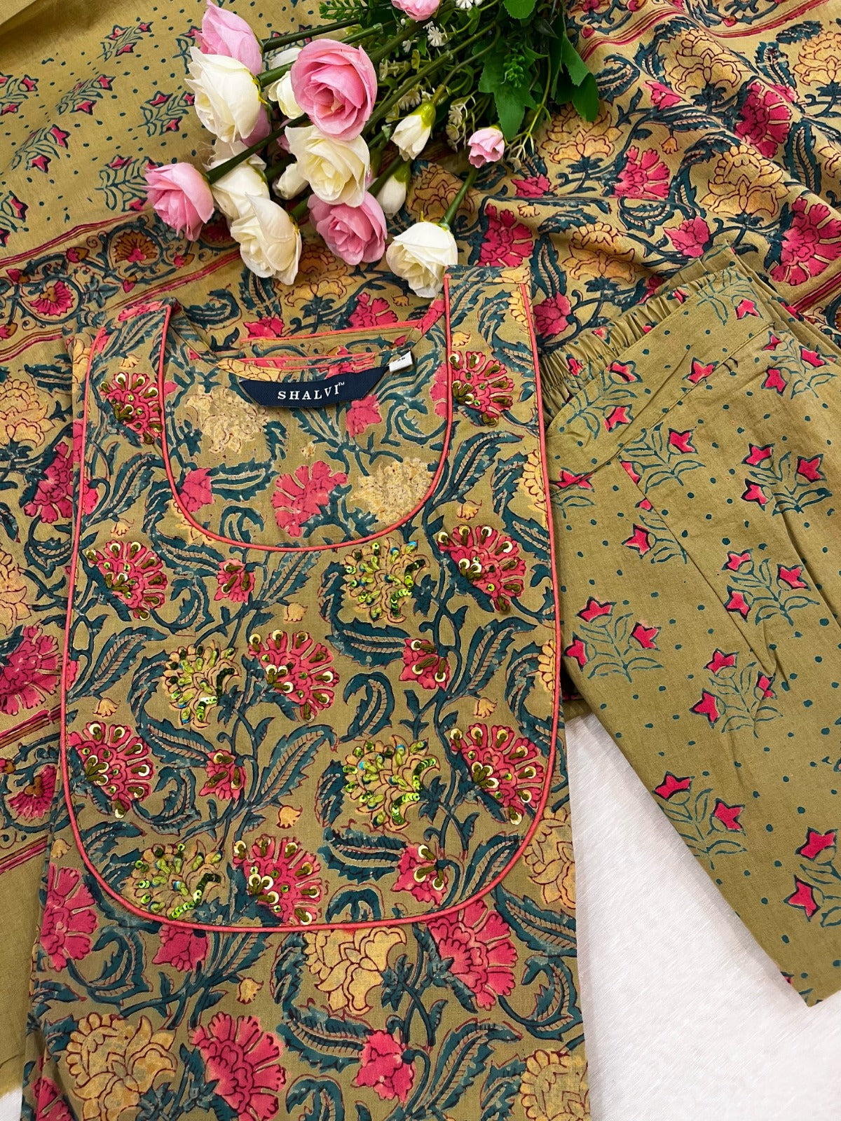 Shop green hand block print cotton suit sets with mulmul dupatta (CSS86MUL)