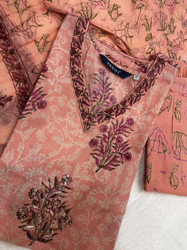 Shop hand block print cotton suit sets with chiffon dupatta online (CSS88CH)