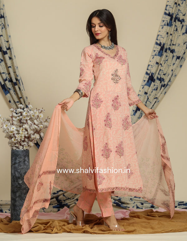 Shop hand block print cotton suit sets with chiffon dupatta online (CSS88CH)