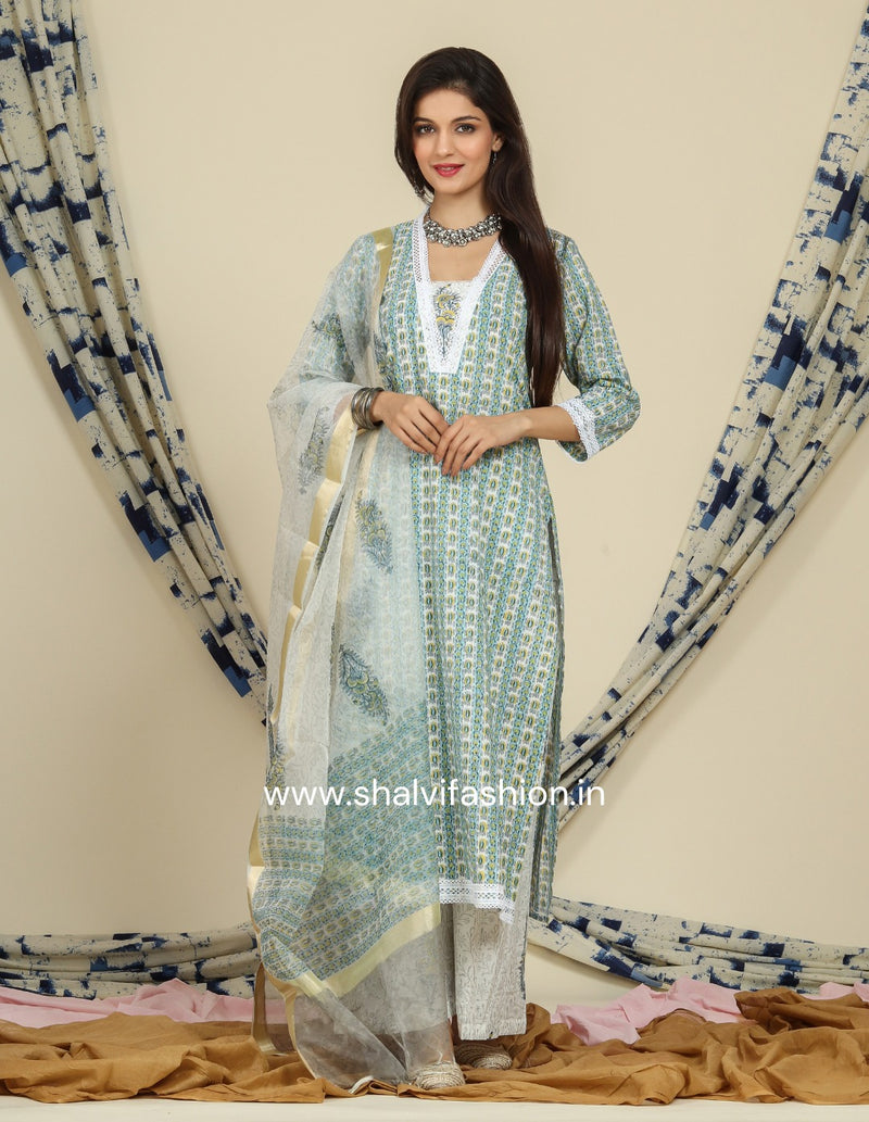 Shop block print cotton suits with organza dupatta (CSS90ORG)