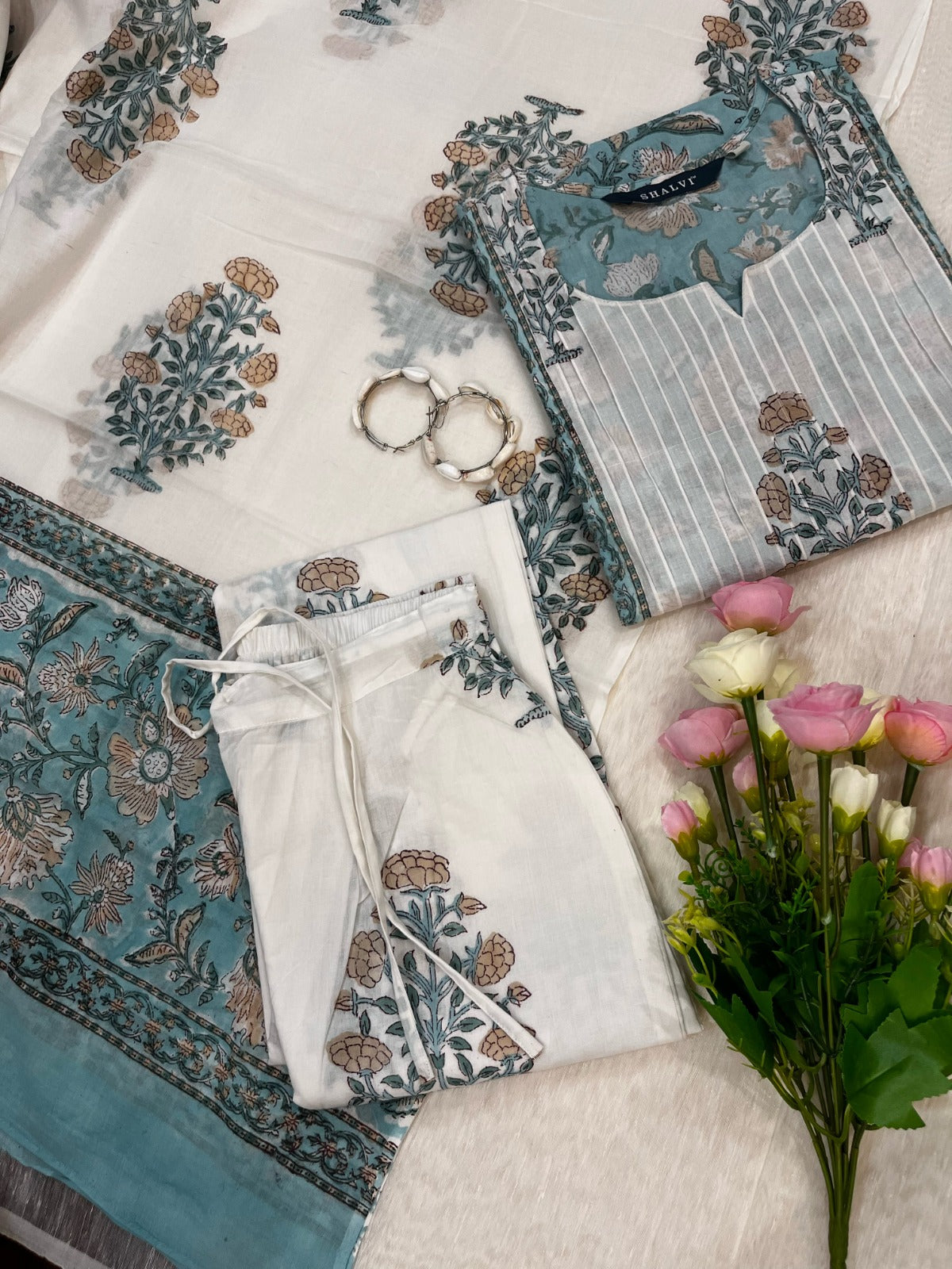 Shop hand block printed cotton suits with mulmul dupatta (CSS92MUL)