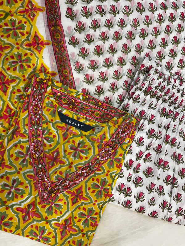 Shop block printed cotton suits with mulmul dupatta (CSS96MUL)