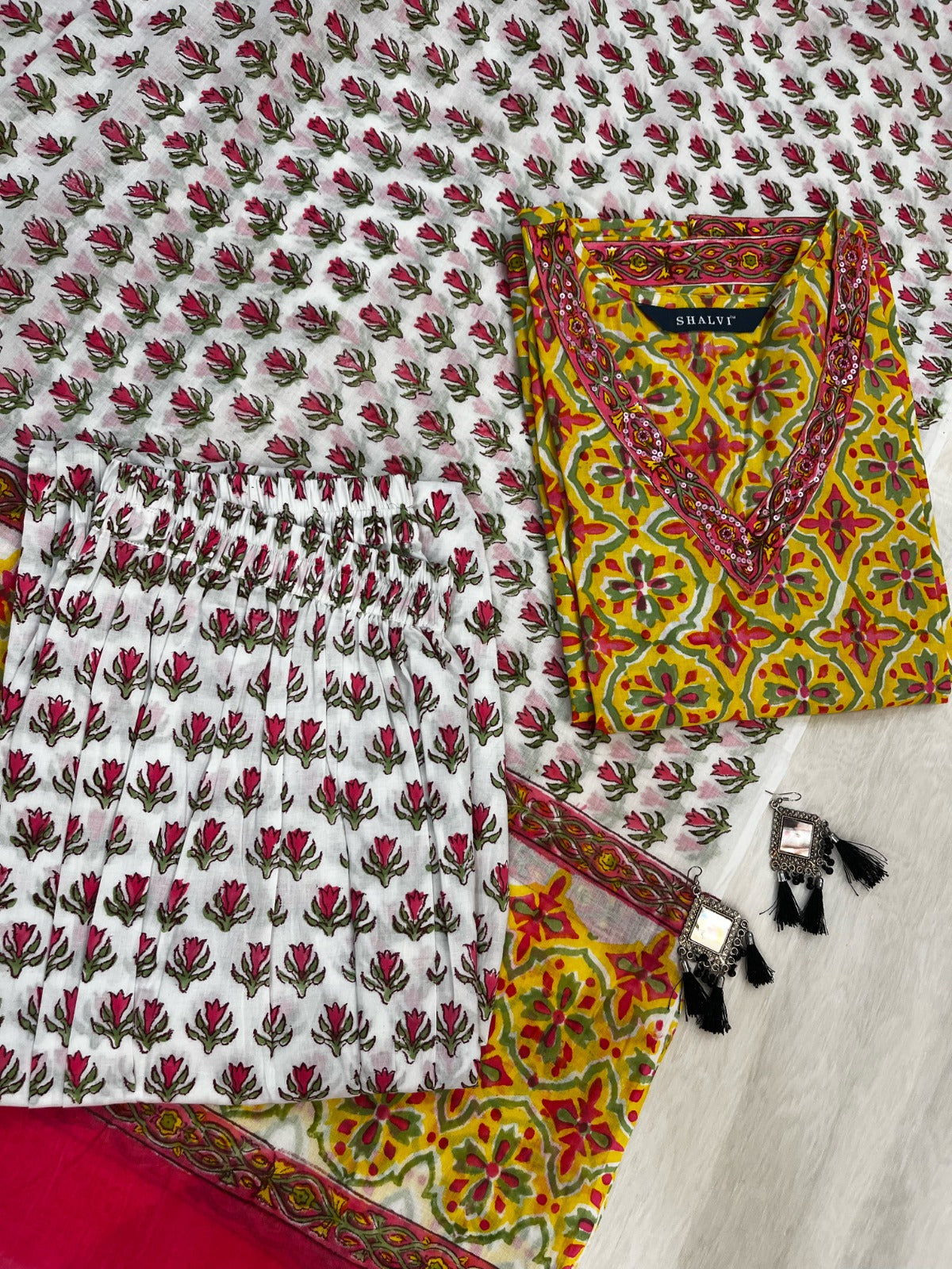 Shop block printed cotton suits with mulmul dupatta (CSS96MUL)