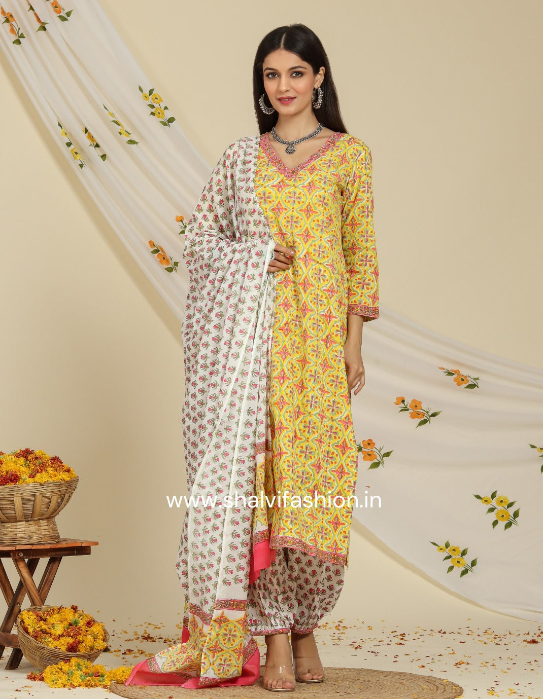 Shop block printed cotton suits with mulmul dupatta (CSS96MUL)