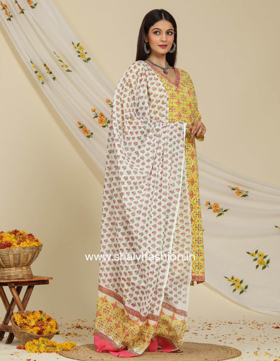 Shop block printed cotton suits with mulmul dupatta (CSS96MUL)