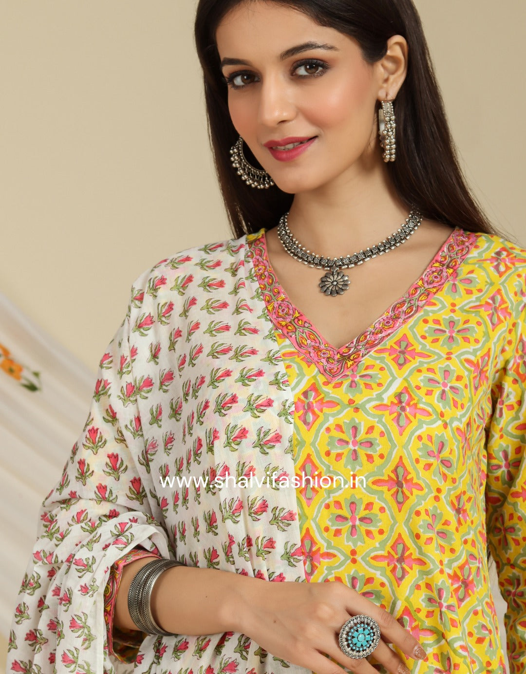 Shop block printed cotton suits with mulmul dupatta (CSS96MUL)
