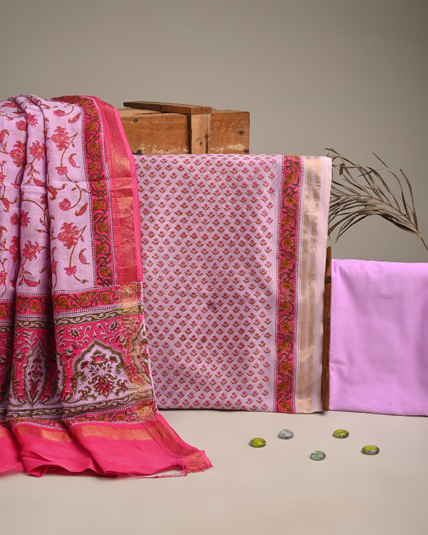 Pink Buti Print Maheshwari Silk Suit Set (MSL118)