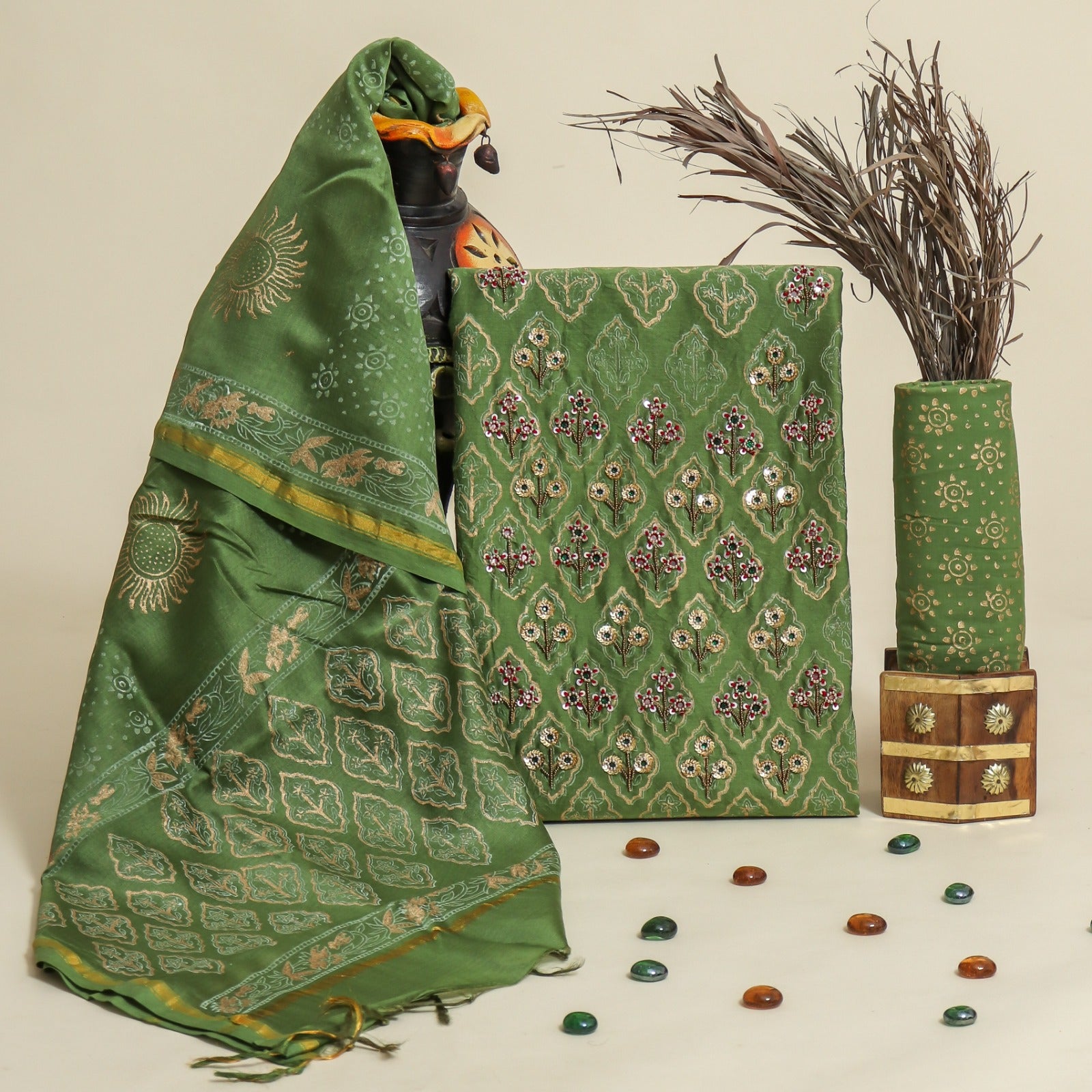 Shop jaipuri print hand work chanderi silk suits online (GOTA35)