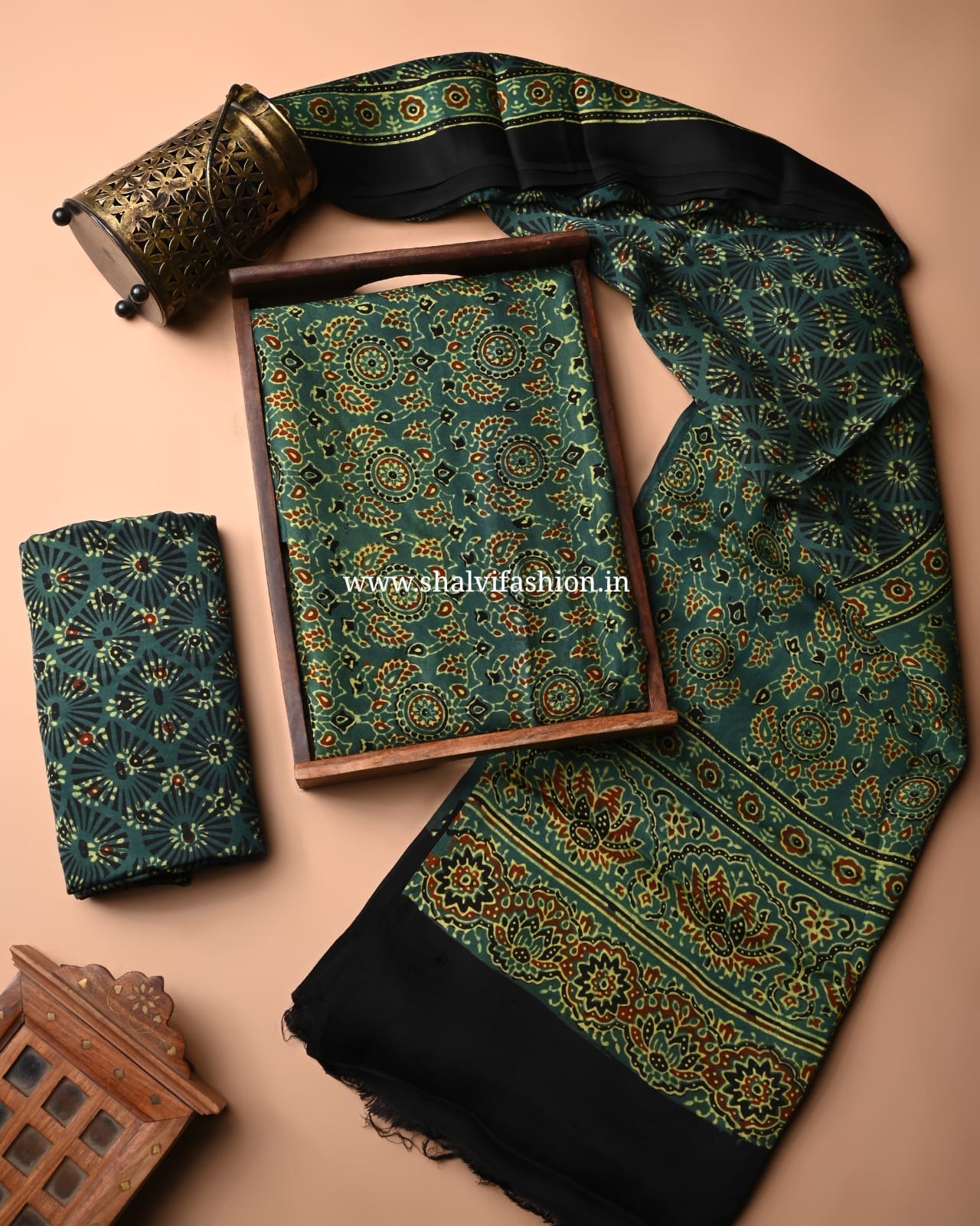 Shop unstitched ajrak block printed modal silk suits online (MOD10)