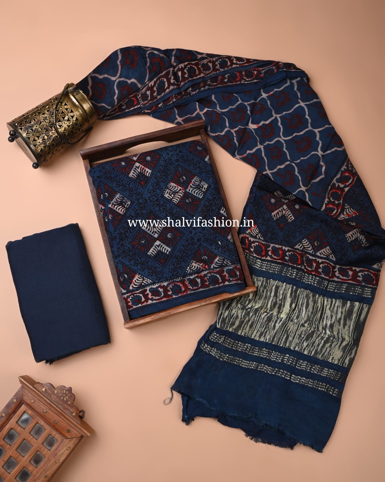 Shop unstitched ajrak print modal silk suits in jaipur (MOD179)