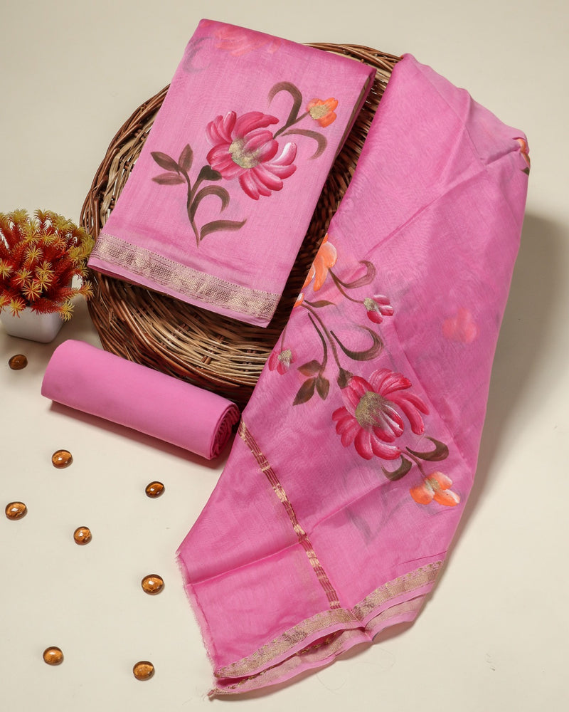 Shop pink hand painted maheshwari silk suits (MSL126)