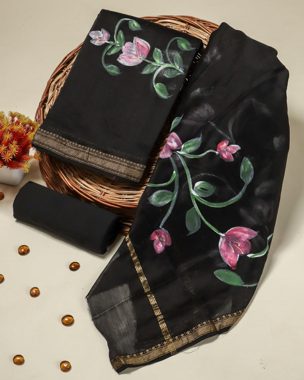 Shop unstitched black hand painted maheshwari silk suits (MSL130)
