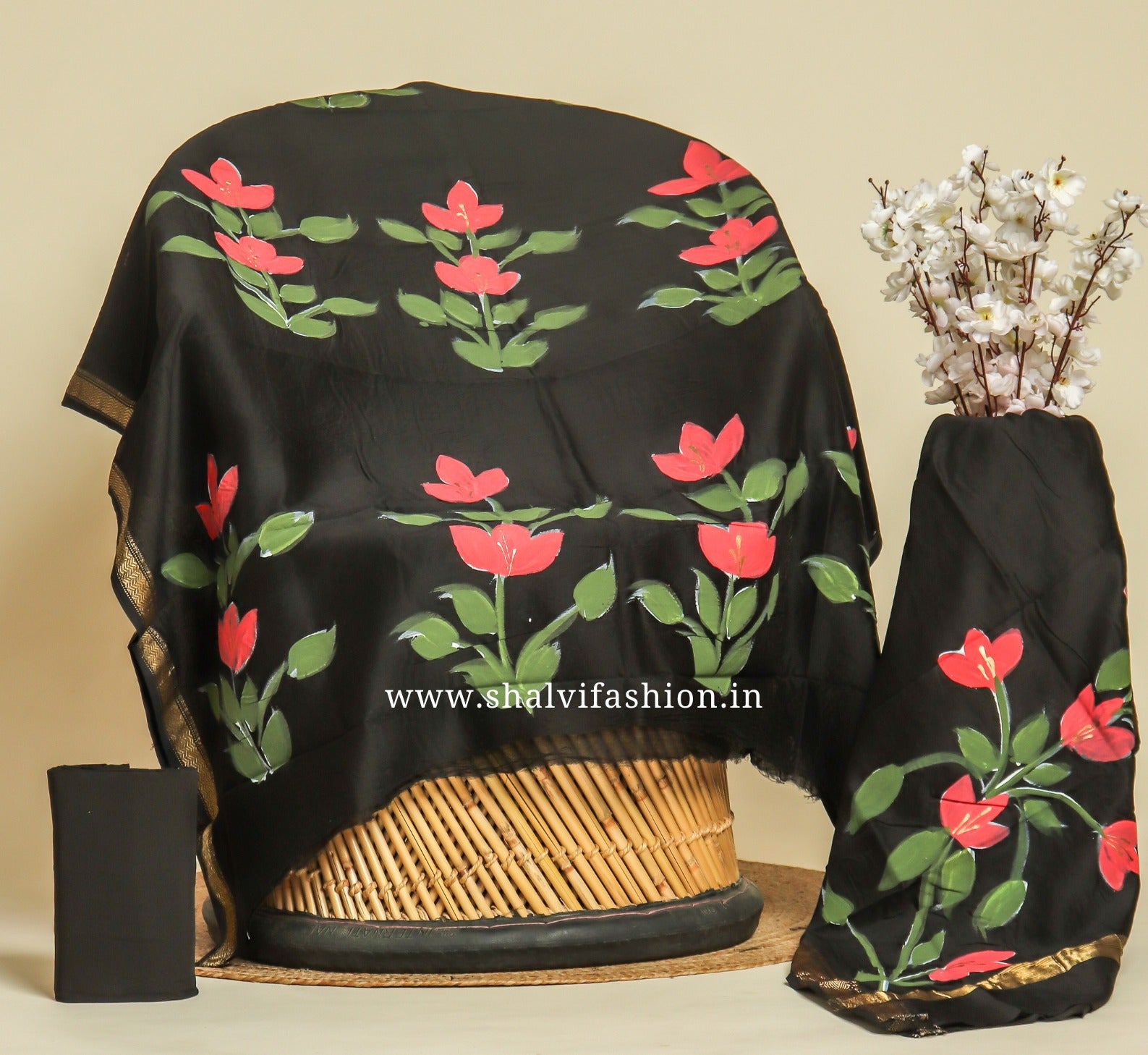 Shop unstitched black hand painted maheshwari silk suits (MSL130)