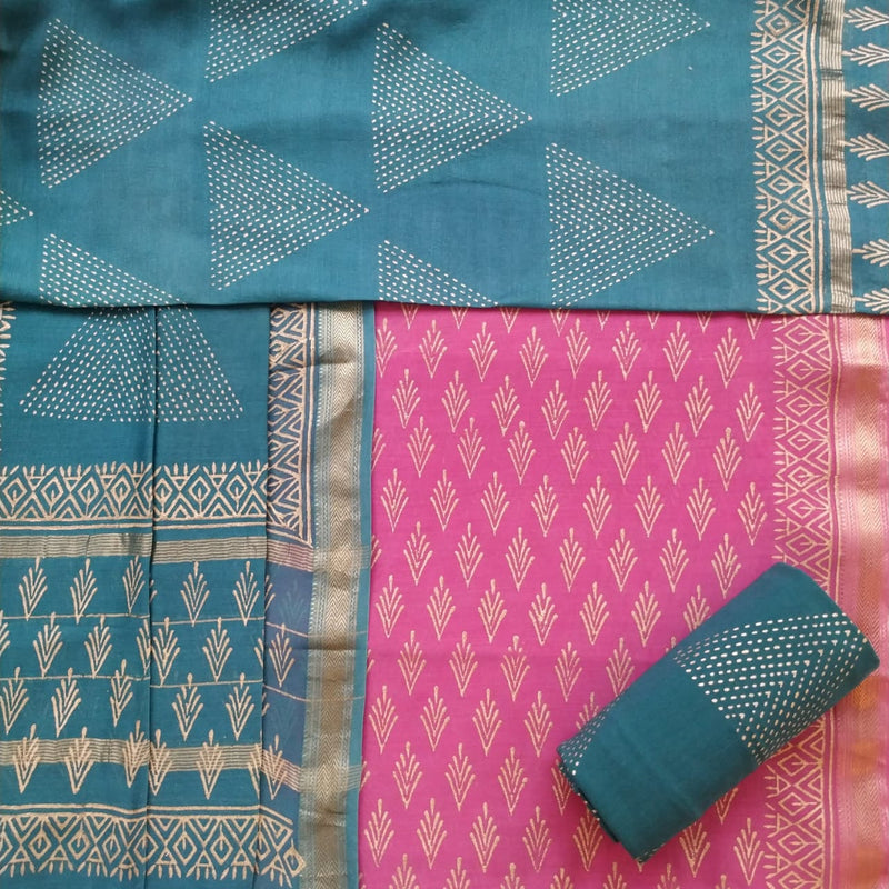 Elegant Pink Hand Block Print Maheshwari Silk Suit Set (MSL131)