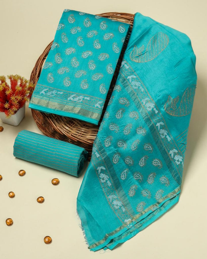Maheshwari Peach- Grey Tissue Buta Dress Material
