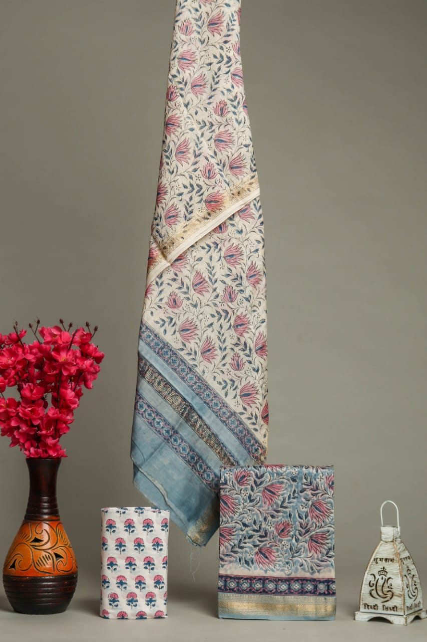 Shop hand block print maheshwari silk suits in jaipur (MSL275)