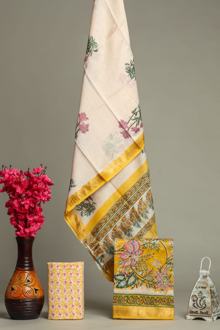 Shop yellow block print maheshwari silk suits online shopping (MSL280)