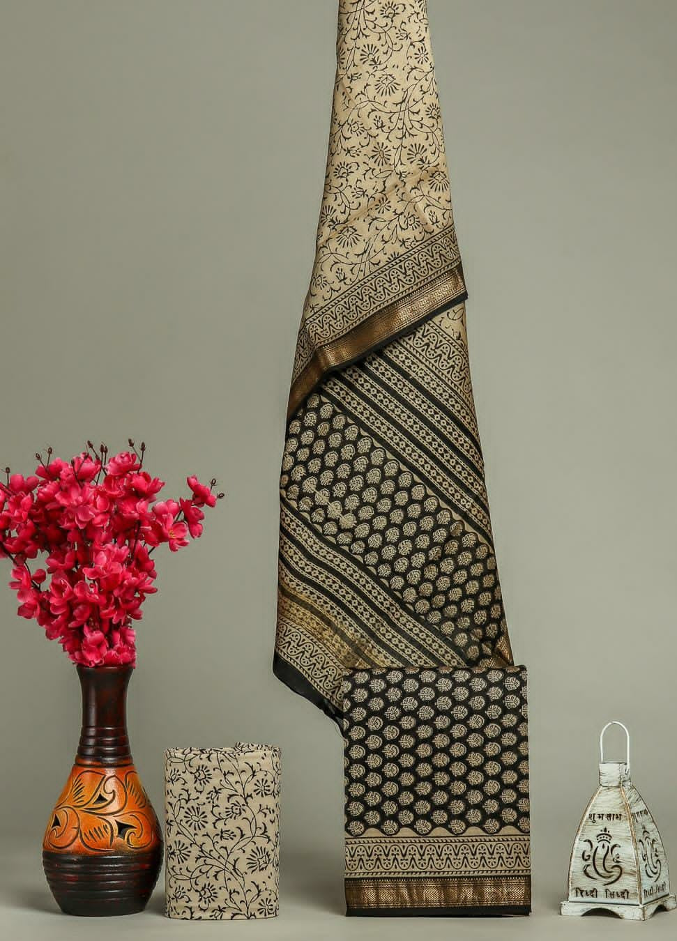 Shop unstitched black hand block print maheshwari silk suits (MSL297)