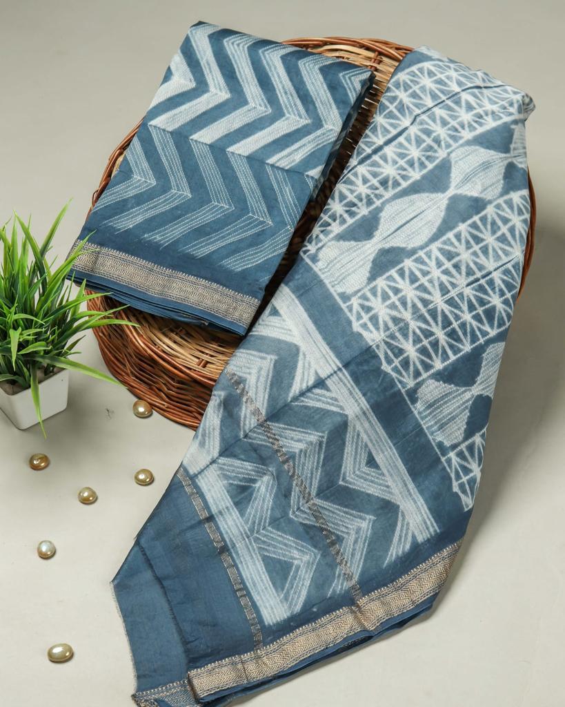 Shop blue hand block print maheshwari silk two piece sets (MSL326)
