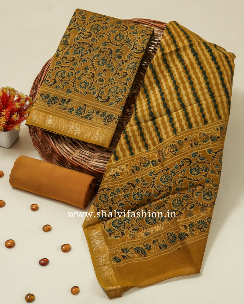 Shop unstitched hand block print maheshwari silk suits (MSL347)