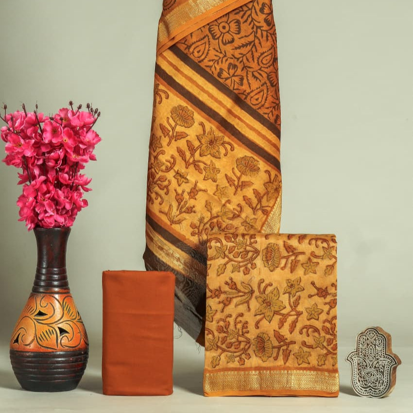 Designer Hand Block Print Maheshwari Silk Suit Set (MSL384)