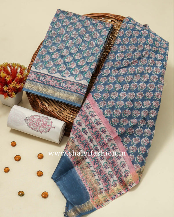 Shop blue buti print maheshwari silk suits online (MSL421)