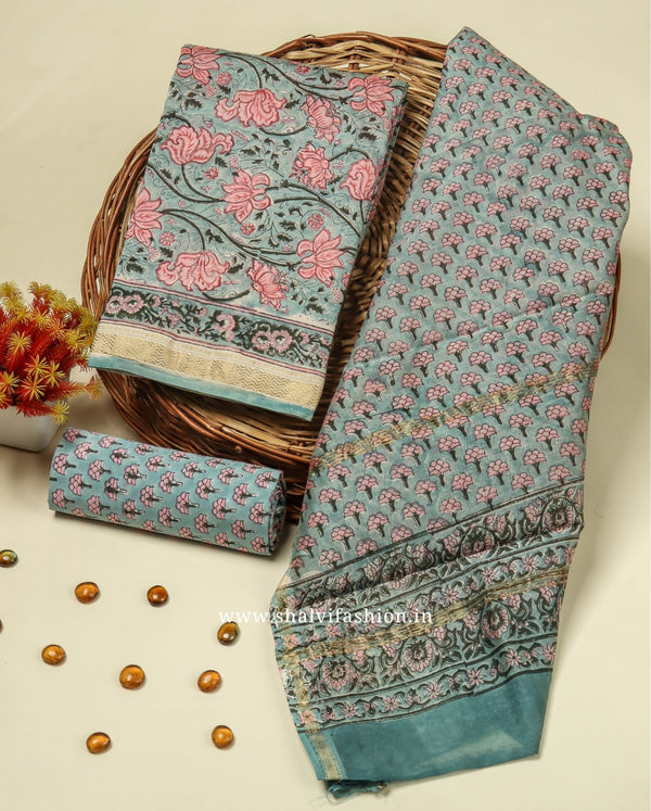 Shop block printed pure maheshwari silk suits in jaipur (MSL458)