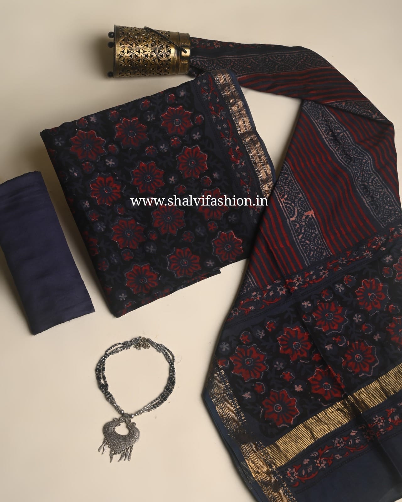 Shop unstitched ajrak print maheshwari silk suits in jaipur (MSL679)