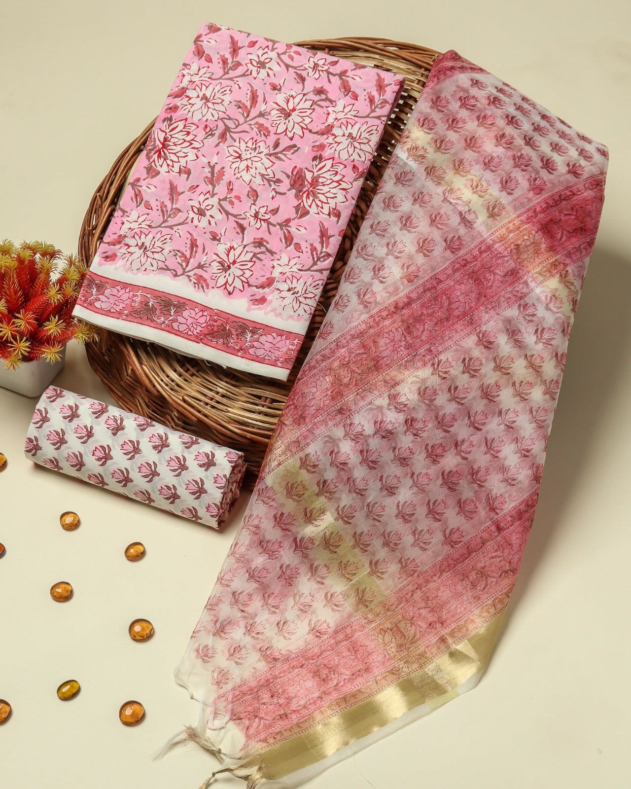 Shop jaipuri print cotton suits with organza dupatta (ORG320)