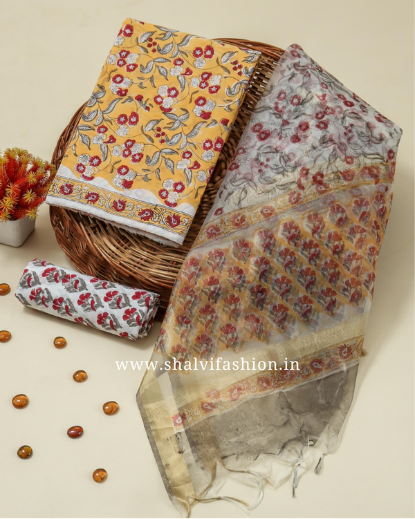 Shop block printed cotton suits with organza dupatta (ORG324)