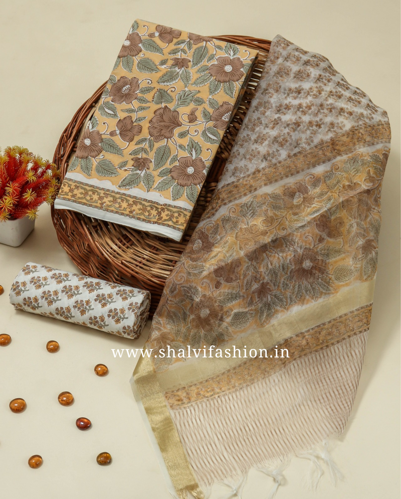 Shop hand block printed cotton suits with organza dupatta in jaipur (ORG329)