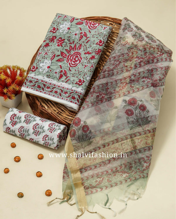 Shop Jaipuri Print Pure Cotton Suit Set with Organza Dupatta (ORG335)