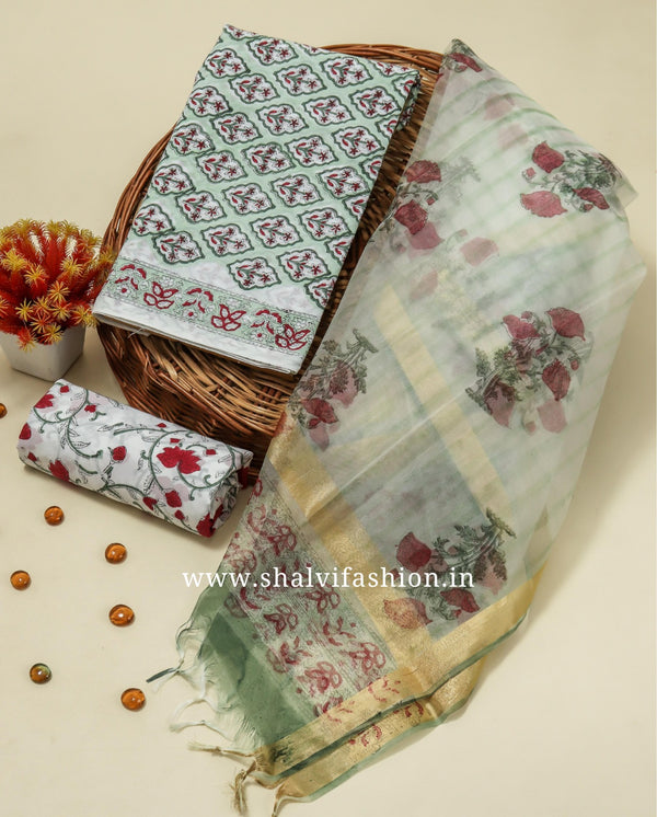 Shop Jaipuri Print Pure Cotton Suit Set with Organza Dupatta (ORG336)