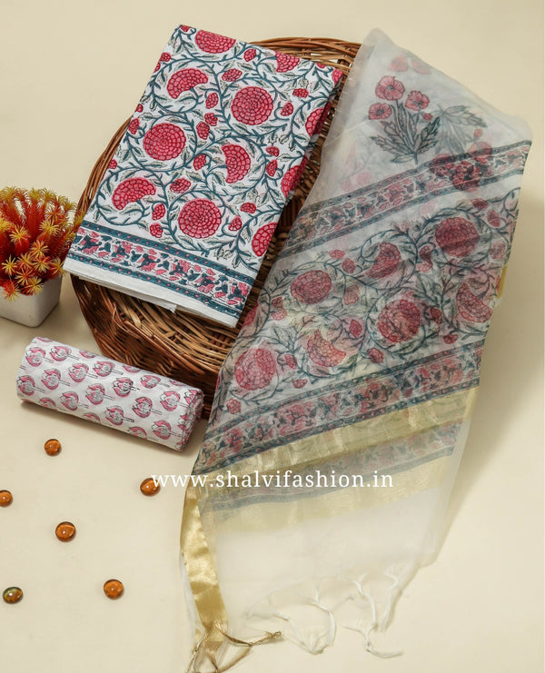 Shop Jaipuri Print Pure Cotton Suit Set with Organza Dupatta (ORG337)