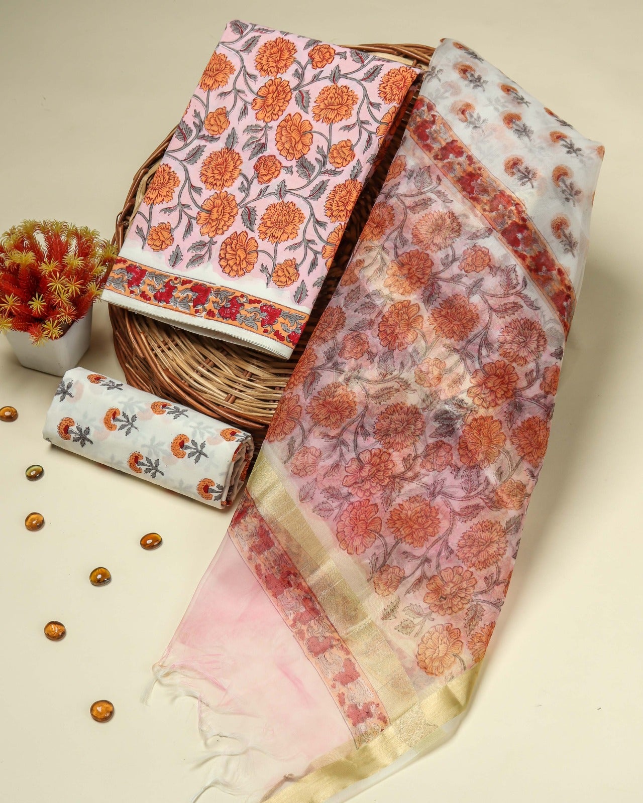 Shop Unstitched Hand Block Print Pure Cotton Suits with Organza Dupatta (ORG81)