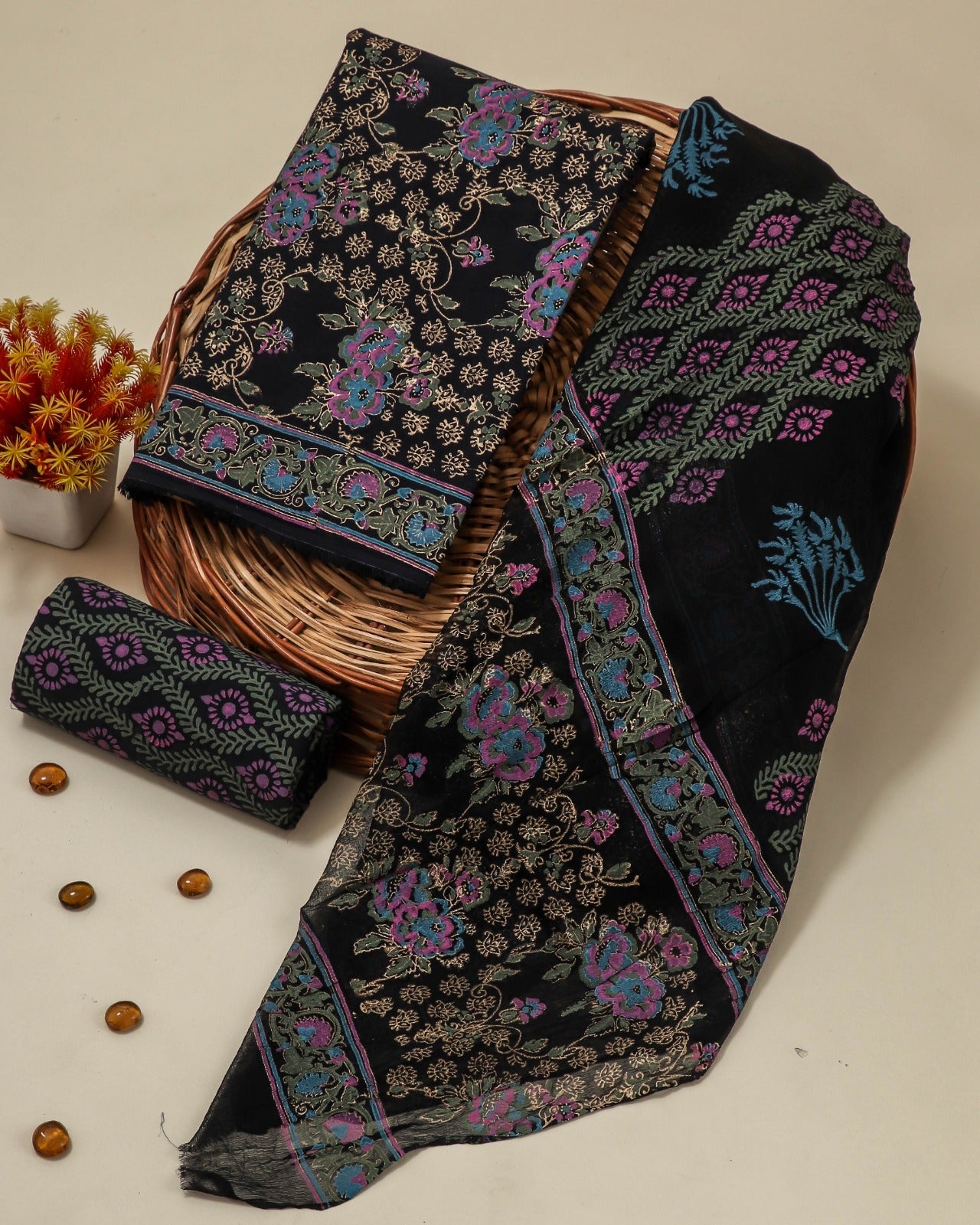 Shop block printed cotton suits with chiffon dupatta (PCHF100)